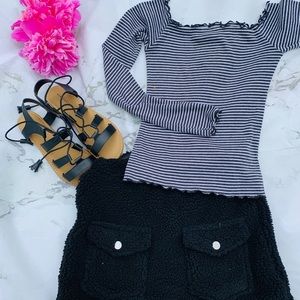 Black and white stripped off the shoulder blouse.